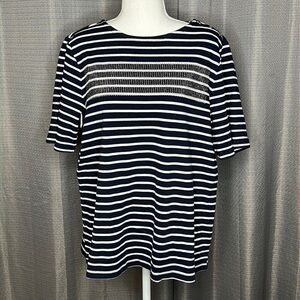 CJ BANKS BLUE AND WHITE STRIPED TSHIRT WITH BLING SIZE 1X